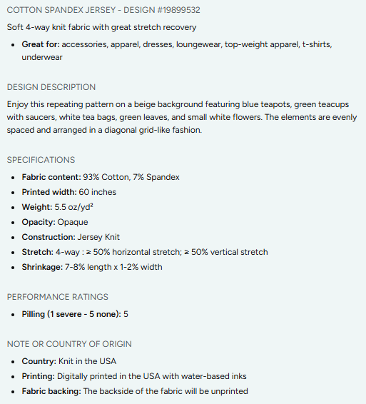 Tea Time Repeating Pattern on Fabric by the Yard