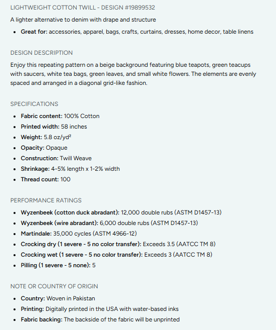 Tea Time Repeating Pattern on Fabric by the Yard