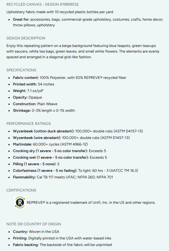 Tea Time Repeating Pattern on Fabric by the Yard