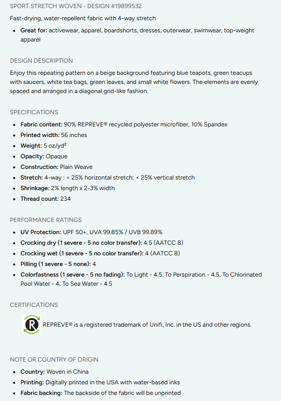 Tea Time Repeating Pattern on Fabric by the Yard