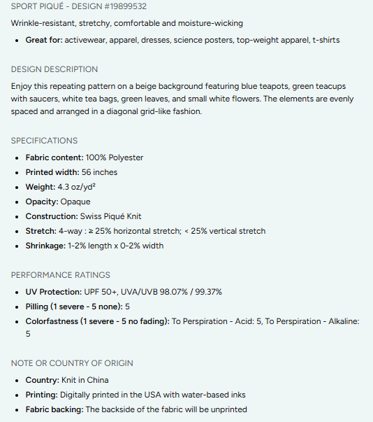 Tea Time Repeating Pattern on Fabric by the Yard