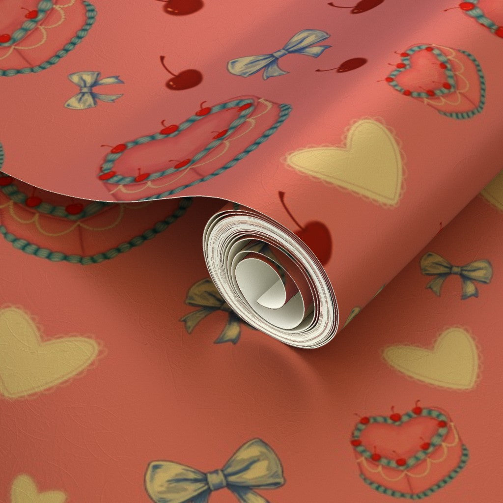 Cakes, Bows and Cherries Repeating Pattern Wallpaper