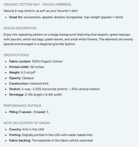 Tea Time Repeating Pattern on Fabric by the Yard